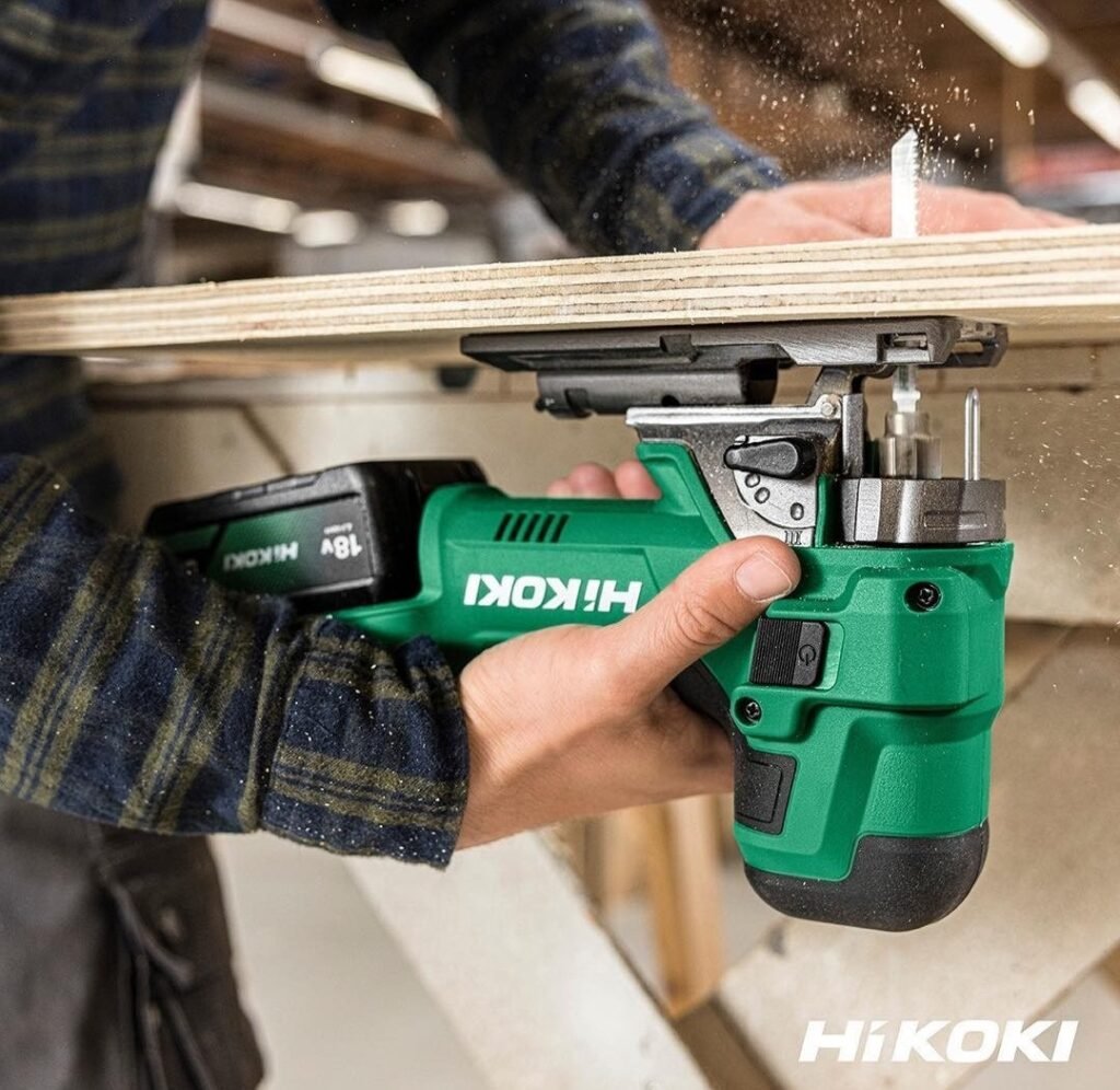 The Hikoki CJ36DBDJ3Z barrel-grip cordless Jigsaw in an underside of plywood cutting scenario