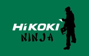 Hikoki Ninja logo for an unofficial Hikoki power tools review blog. Featuring the official Hikoki logo - with a silhouette of a carpenter. The figure is holding a Hikoki jigsaw with one hand and a segment of the Hikoki sign in the other: which plays on the official Hikoki graphic logo and its missing triangle/cutting-edge theme.