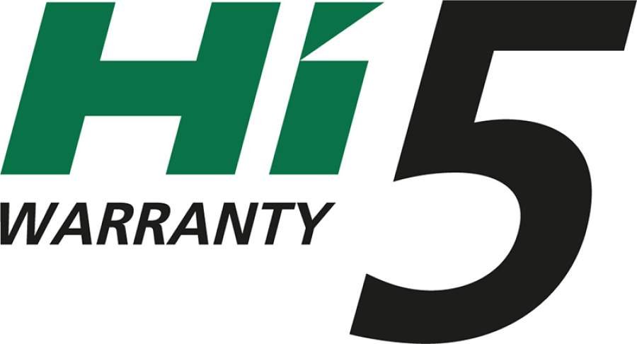 The Hikoki Hi5 Warranty scheme logo — the policy provides an extended 5-year guarantee for registered power tools.