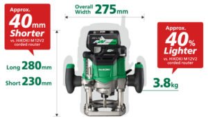 A promotional picture of the HiKOKI M3612DA ½" Cordless Plunge Router with product dimensions and weight provided
