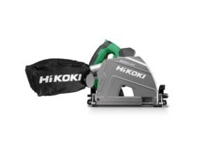 The HiKOKI Cordless Plunge Saw is shown with a dust bag in place