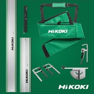 Promotional HiKOKI image depicting Plunge Saw accessories: 2 tracks are shown (1600mm and 800mm) along with their plastic connecting strip, 3 rail clamps, a bevel guide and track carrying case. 