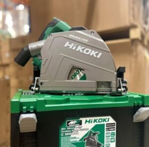 The HiKOKI C3606DPA 36 volt brushless plunge saw sits on its stackable container
